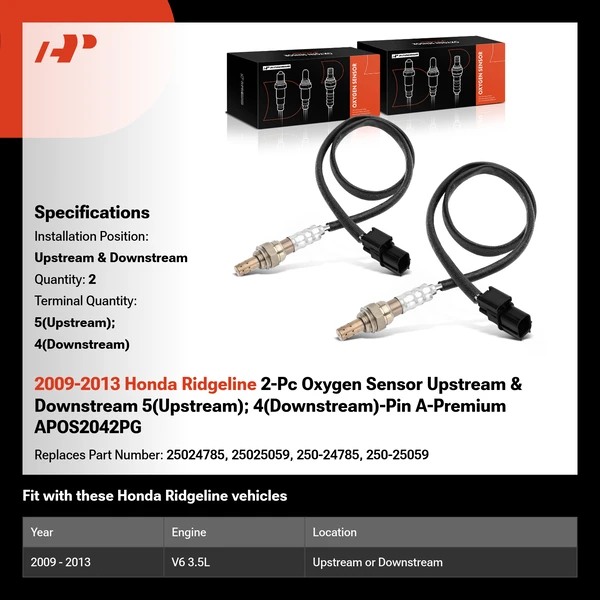 2009-2013 Honda Ridgeline 2-Pc Oxygen Sensor Upstream & Downstream 5(Upstream); 4(Downstream)-Pin A-Premium APOS2042PG