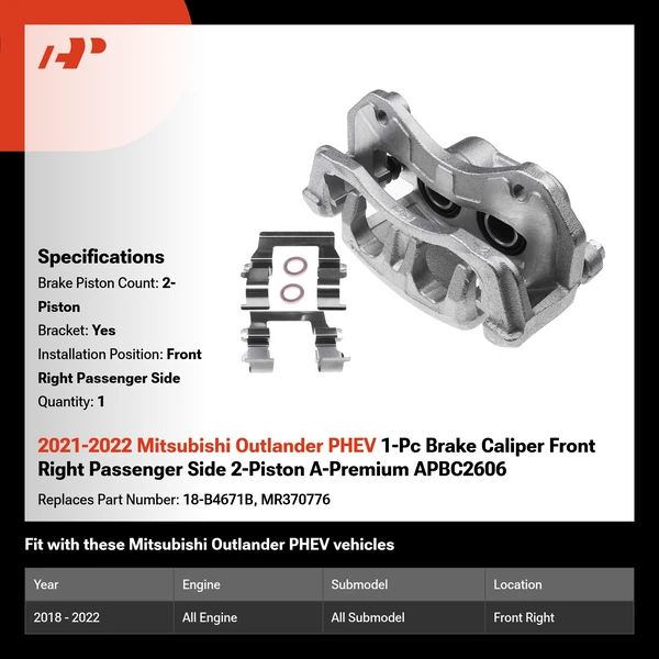 2021-2022 Mitsubishi Outlander PHEV 1-Pc Brake Caliper Front Right Passenger Side 2-Piston A-Premium APBC2606