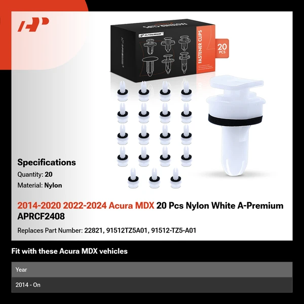 2014-2020 2022-2024 Acura MDX 20 Pcs Nylon White A-Premium APRCF2408