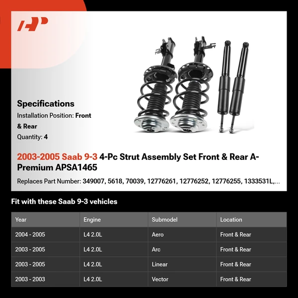 2003-2005 Saab 9-3 4-Pc Strut Assembly Set Front & Rear A-Premium APSA1465