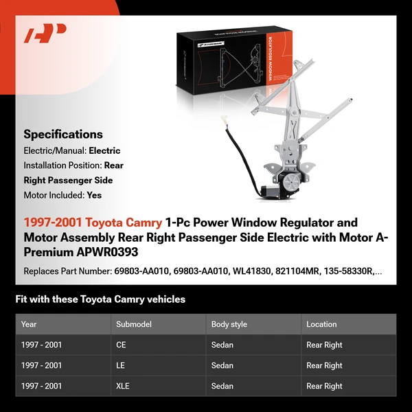 1997-2001 Toyota Camry 1-Pc Power Window Regulator and Motor Assembly Rear Right Passenger Side Electric with Motor A-Premium APWR0393