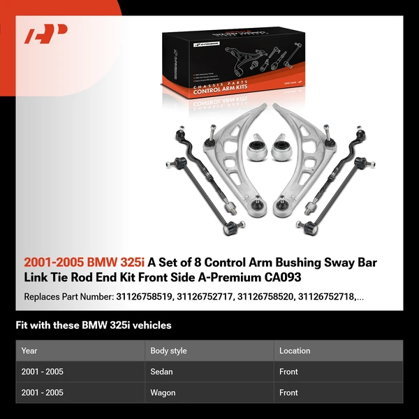 2001-2005 BMW 325i A Set of 8 Control Arm Bushing Sway Bar Link Tie Rod End Kit Front Side A-Premium CA093