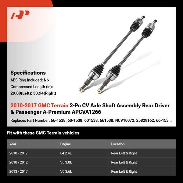 2010-2017 GMC Terrain 2-Pc CV Axle Shaft Assembly Rear Driver & Passenger A-Premium APCVA1266