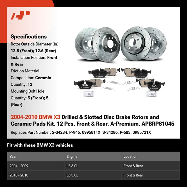 2004-2010 BMW X3 Drilled & Slotted Disc Brake Rotors and Ceramic Pads Kit, 12 Pcs, Front & Rear, A-Premium, APBRPS1045