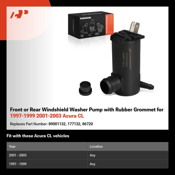 Front or Rear Windshield Washer Pump with Rubber Grommet for 1997-1999 2001-2003 Acura CL