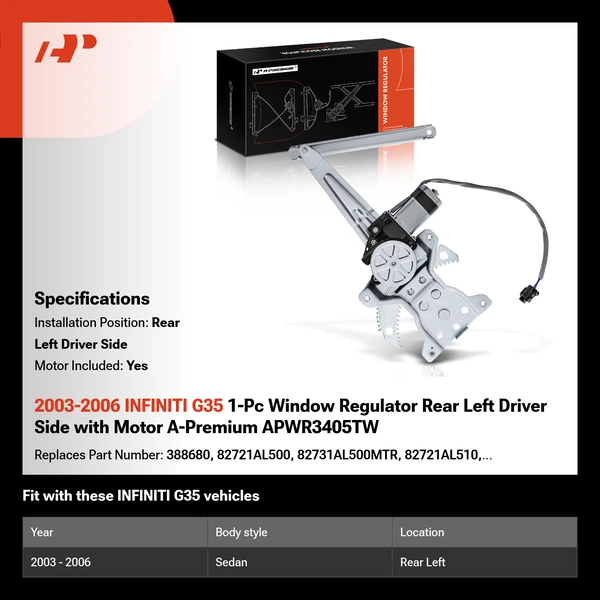 2003-2006 INFINITI G35 1-Pc Window Regulator Rear Left Driver Side with Motor A-Premium APWR3405TW