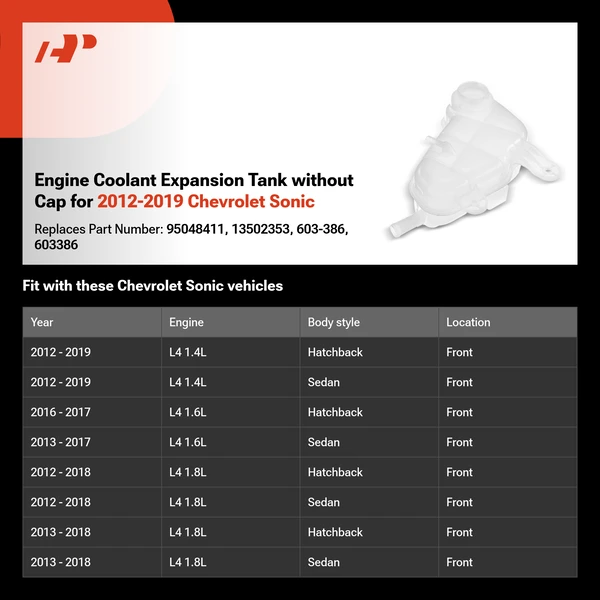 Engine Coolant Expansion Tank without Cap for 2012-2019 Chevrolet Sonic