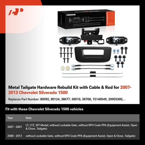 Metal Tailgate Hardware Rebuild Kit with Cable & Rod for 2007-2013 Chevrolet Silverado 1500
