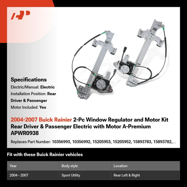2004-2007 Buick Rainier 2-Pc Window Regulator and Motor Kit Rear Driver & Passenger Electric with Motor A-Premium APWR0938
