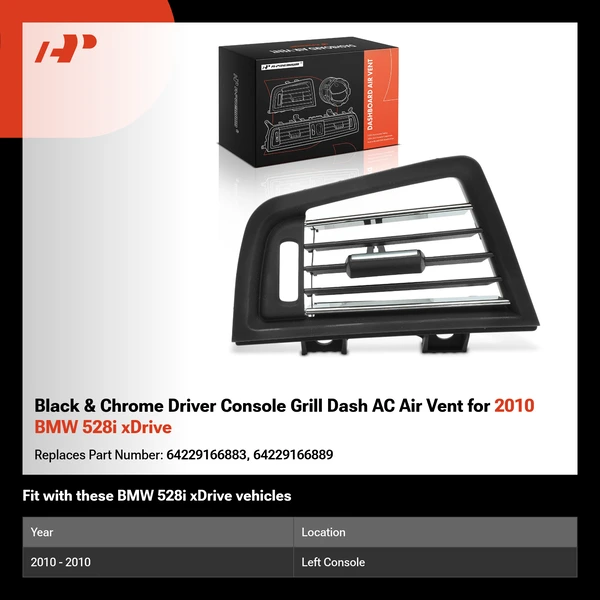 Black & Chrome Driver Console Grill Dash AC Air Vent for 2010 BMW 528i xDrive