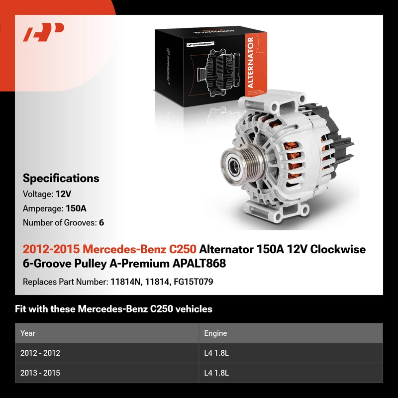 2012-2015 Mercedes-Benz C250 Alternator 150A 12V Clockwise 6-Groove Pulley A-Premium APALT868