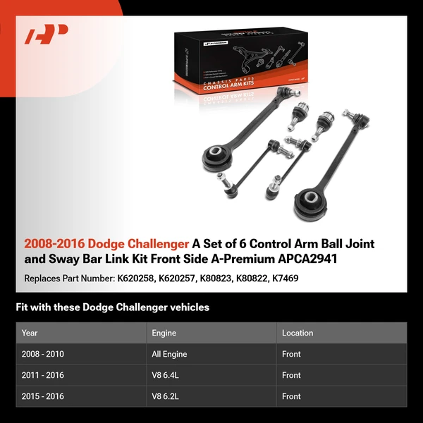 2008-2016 Dodge Challenger A Set of 6 Control Arm Ball Joint and Sway Bar Link Kit Front Side A-Premium APCA2941