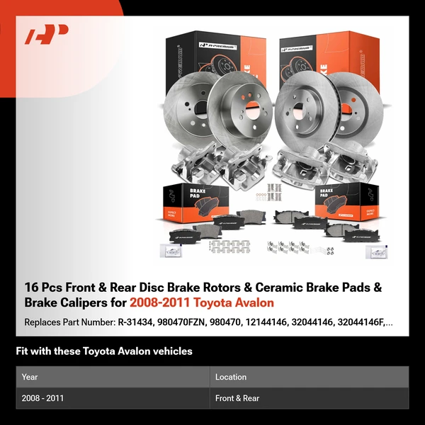 16 Pcs Front & Rear Disc Brake Rotors & Ceramic Brake Pads & Brake Calipers for 2008-2011 Toyota Avalon