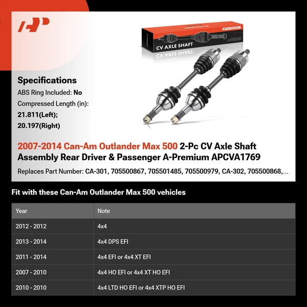 2007-2014 Can-Am Outlander Max 500 2-Pc CV Axle Shaft Assembly Rear Driver & Passenger A-Premium APCVA1769