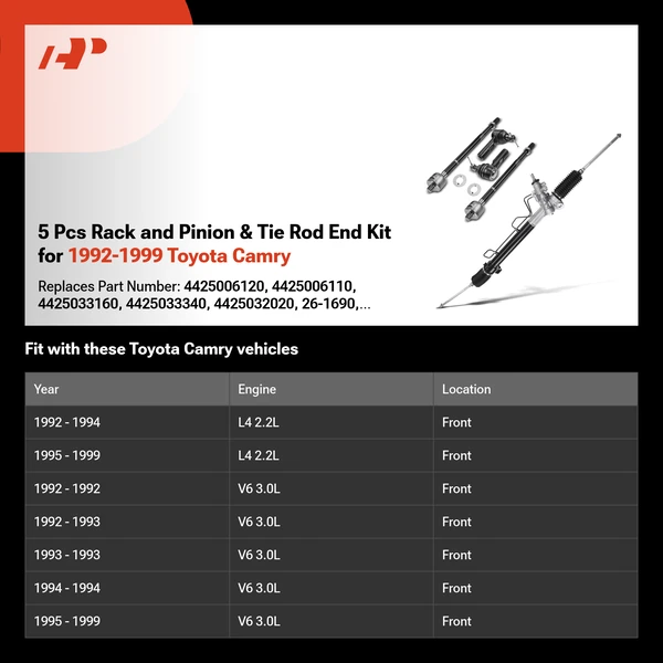 5 Pcs Rack and Pinion & Tie Rod End Kit for 1992-1999 Toyota Camry