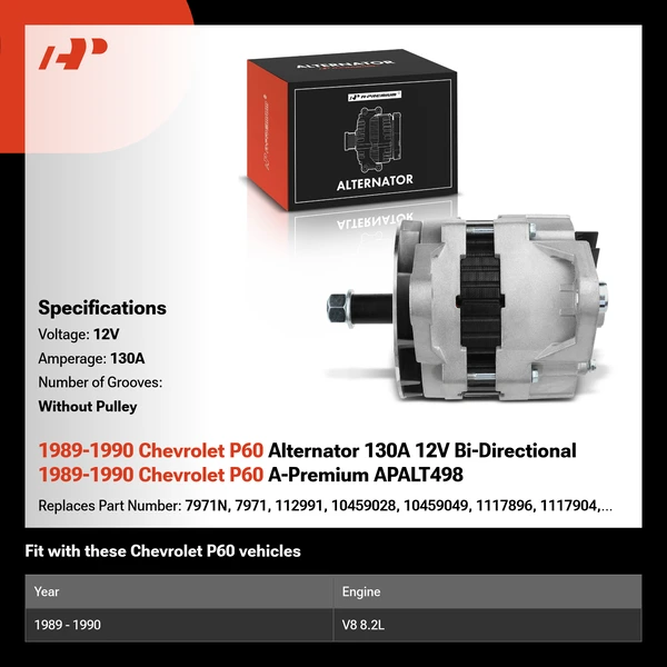 1989-1990 Chevrolet P60 Alternator 130A 12V Bi-Directional 1989-1990 Chevrolet P60 A-Premium APALT498