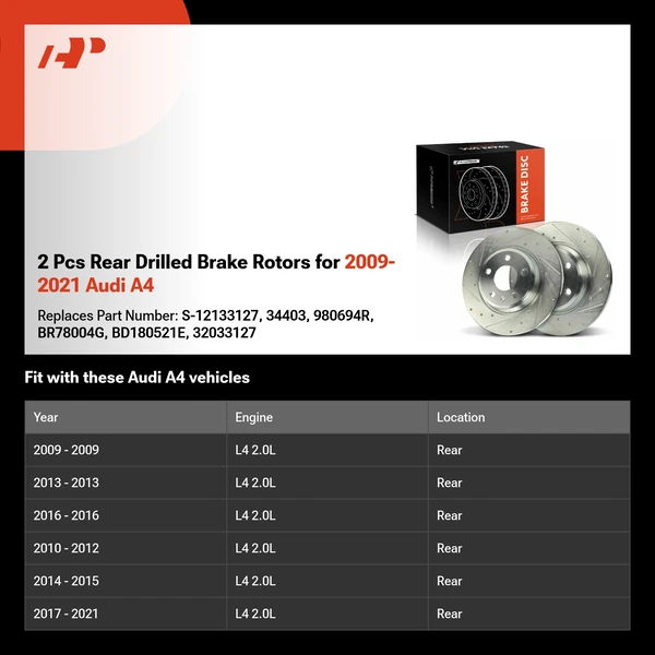 2 Pcs Rear Drilled Brake Rotors for 2009-2021 Audi A4