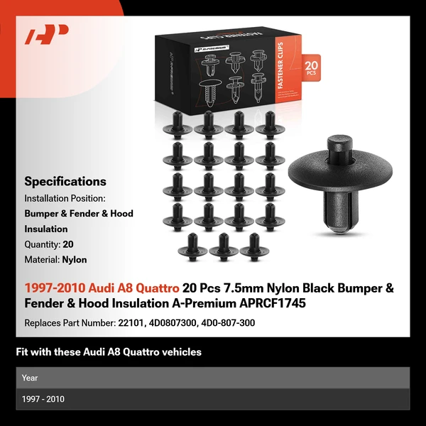 1997-2010 Audi A8 Quattro 20 Pcs 7.5mm Nylon Black Bumper & Fender & Hood Insulation A-Premium APRCF1745