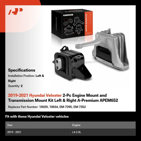 2019-2021 Hyundai Veloster 2-Pc Engine Mount and Transmission Mount Kit Left & Right A-Premium APEM652