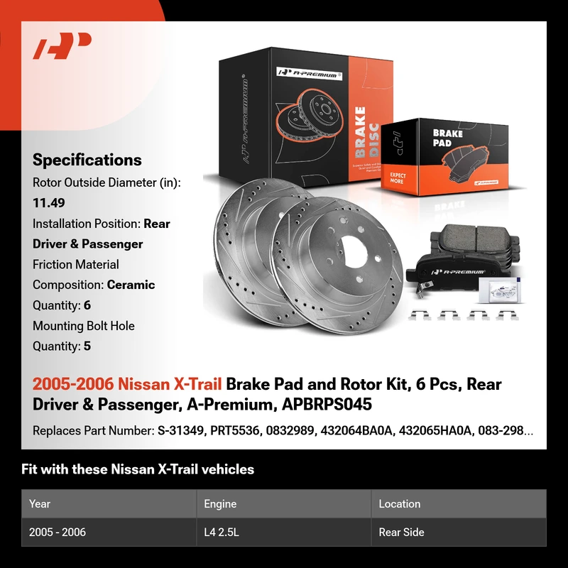 2005-2006 Nissan X-Trail Brake Pad and Rotor Kit, 6 Pcs, Rear Driver & Passenger, A-Premium, APBRPS045