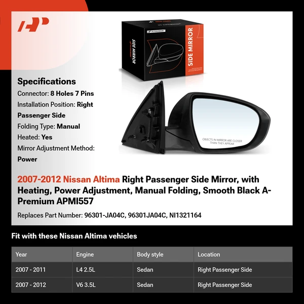 2007-2012 Nissan Altima Right Passenger Side Mirror, with Heating, Power Adjustment, Manual Folding, Smooth Black A-Premium APMI557