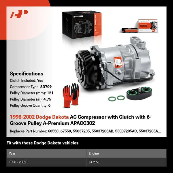 1996-2002 Dodge Dakota AC Compressor with Clutch with 6-Groove Pulley A-Premium APACC302