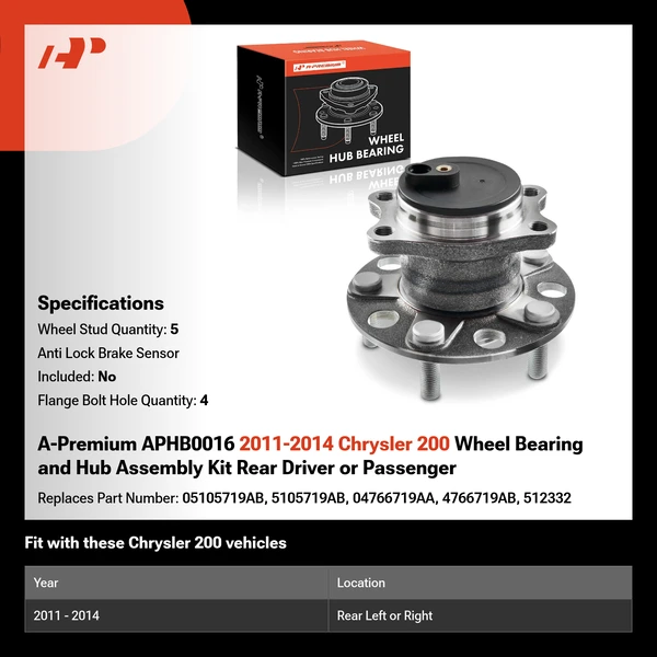 A-Premium APHB0016 2011-2014 Chrysler 200 Wheel Bearing and Hub Assembly Kit Rear Driver or Passenger