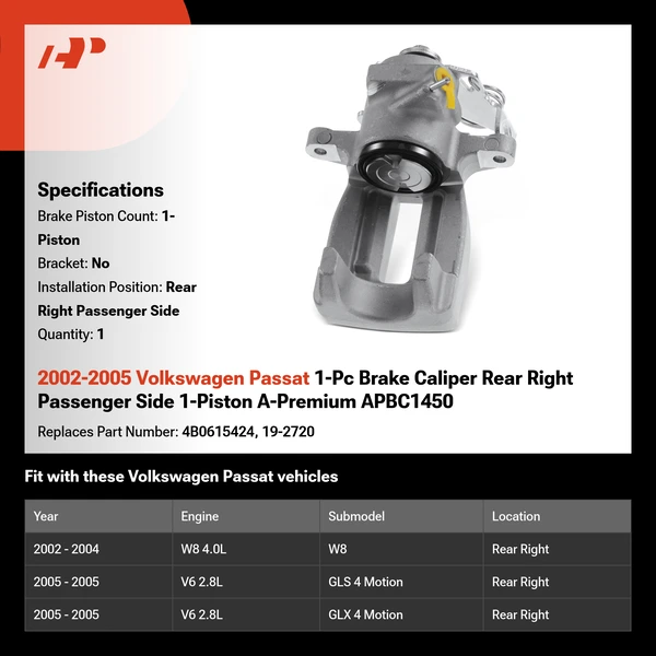 2002-2005 Volkswagen Passat 1-Pc Brake Caliper Rear Right Passenger Side 1-Piston A-Premium APBC1450