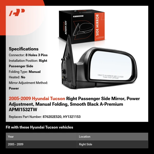 2005-2009 Hyundai Tucson Right Passenger Side Mirror, Power Adjustment, Manual Folding, Smooth Black A-Premium APMI1532TW