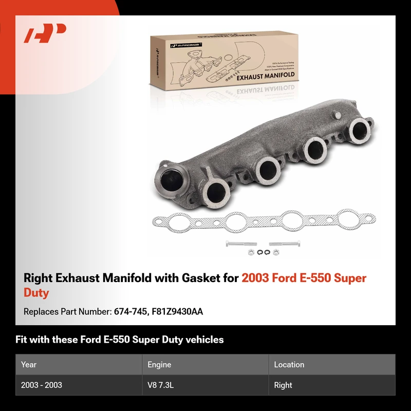 Right Exhaust Manifold with Gasket for 2003 Ford E-550 Super Duty