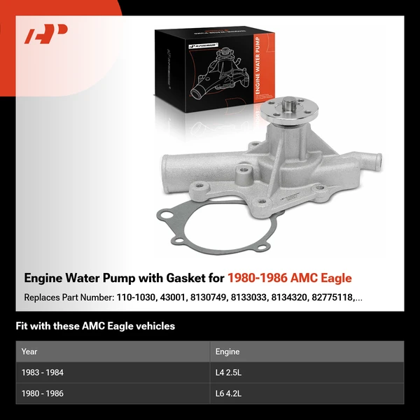 Engine Water Pump with Gasket for 1980-1986 AMC Eagle