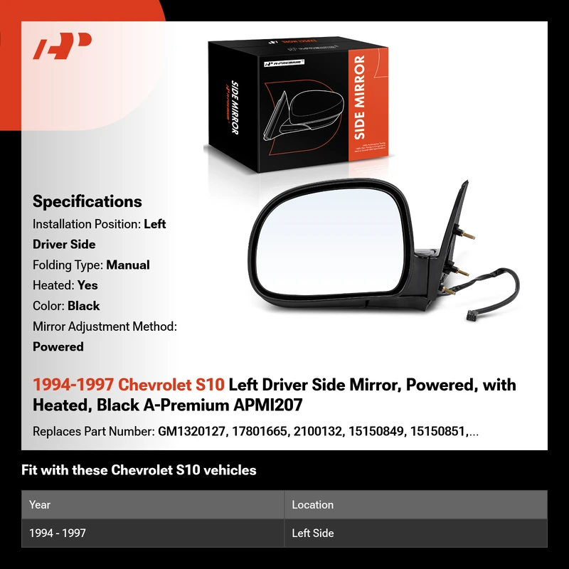 1994-1997 Chevrolet S10 Left Driver Side Mirror, Powered, with Heated, Black A-Premium APMI207