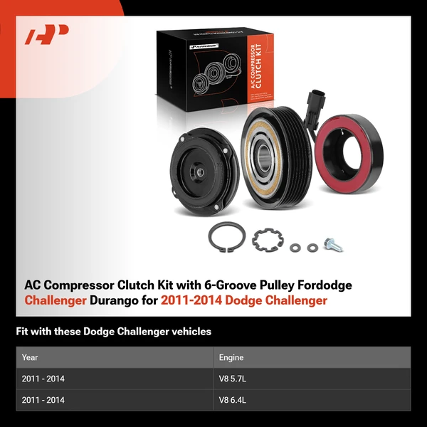 AC Compressor Clutch Kit with 6-Groove Pulley Fordodge Challenger Durango for 2011-2014 Dodge Challenger