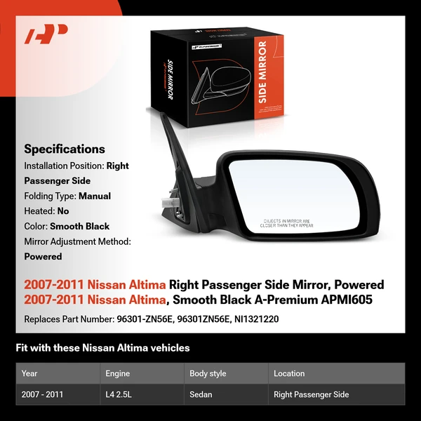 2007-2011 Nissan Altima Right Passenger Side Mirror, Powered 2007-2011 Nissan Altima, Smooth Black A-Premium APMI605