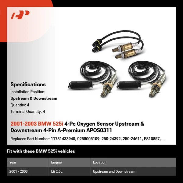 2001-2003 BMW 525i 4-Pc Oxygen Sensor Upstream & Downstream 4-Pin A-Premium APOS0311