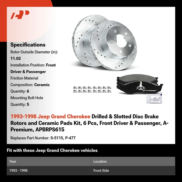 1993-1998 Jeep Grand Cherokee Drilled & Slotted Disc Brake Rotors and Ceramic Pads Kit, 6 Pcs, Front Driver & Passenger, A-Premium, APBRPS615