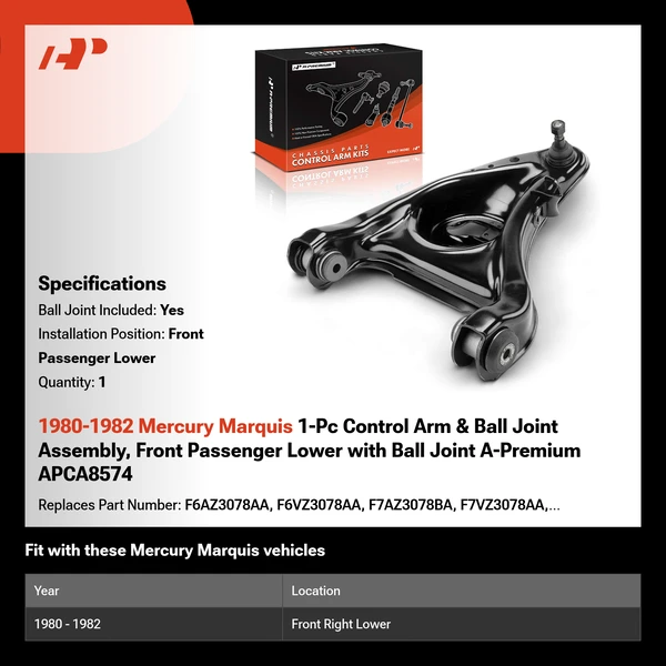 1980-1982 Mercury Marquis 1-Pc Control Arm & Ball Joint Assembly, Front Passenger Lower with Ball Joint A-Premium APCA8574