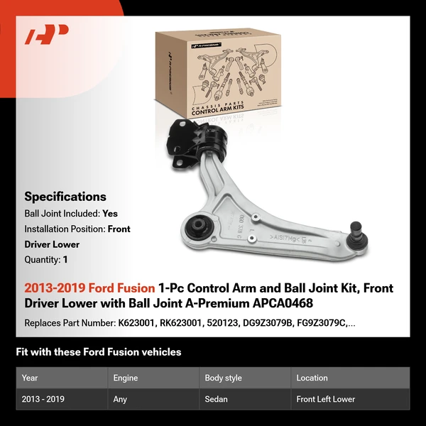 2013-2019 Ford Fusion 1-Pc Control Arm and Ball Joint Kit, Front Driver Lower with Ball Joint A-Premium APCA0468