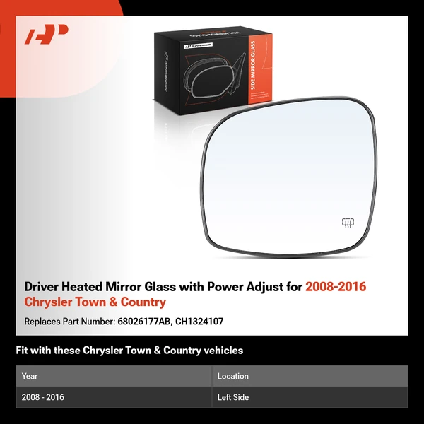 Driver Heated Mirror Glass with Power Adjust for 2008-2016 Chrysler Town & Country