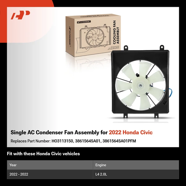 Single AC Condenser Fan Assembly for 2022 Honda Civic
