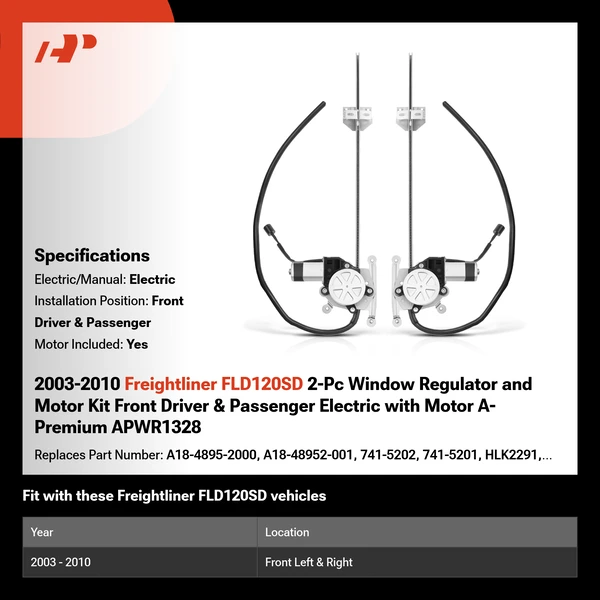 2003-2010 Freightliner FLD120SD 2-Pc Window Regulator and Motor Kit Front Driver & Passenger Electric with Motor A-Premium APWR1328