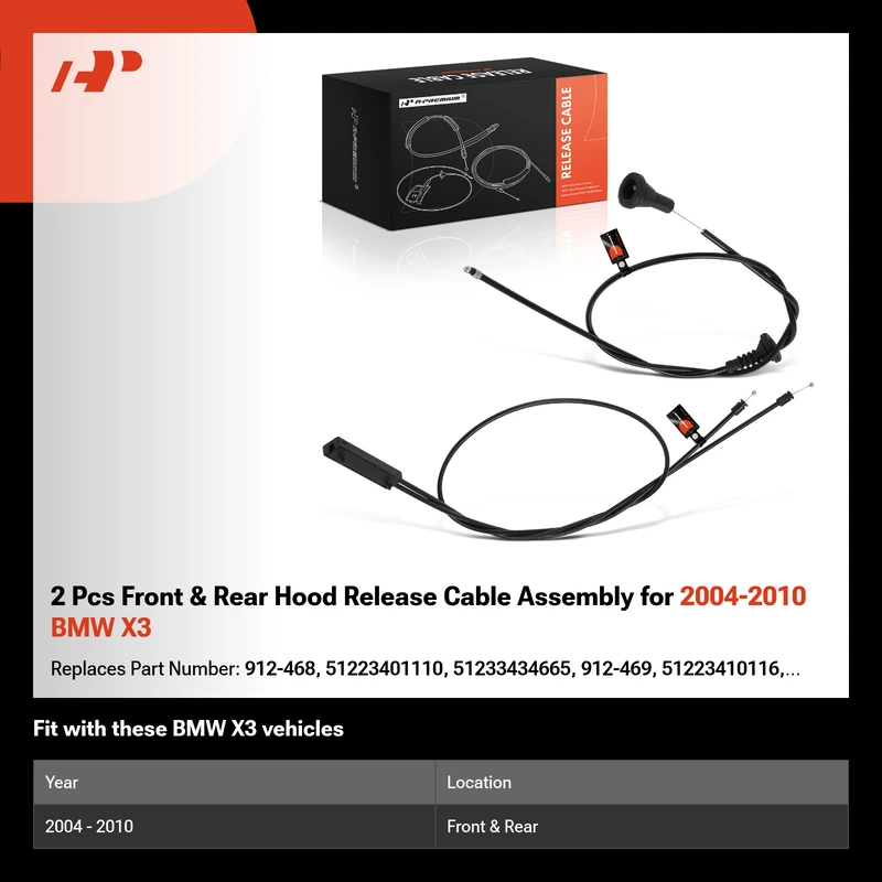 2 Pcs Front & Rear Hood Release Cable Assembly for 2004-2010 BMW X3