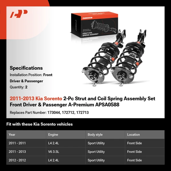 2011-2013 Kia Sorento 2-Pc Strut and Coil Spring Assembly Set Front Driver & Passenger A-Premium APSA0588