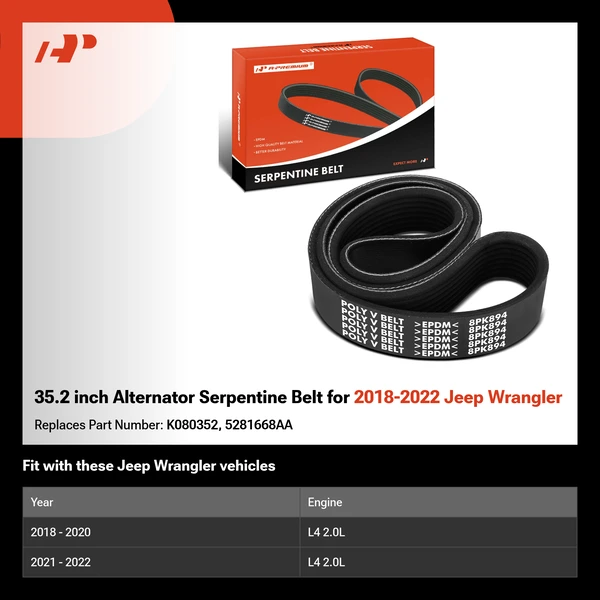 35.2 inch Alternator Serpentine Belt for 2018-2022 Jeep Wrangler