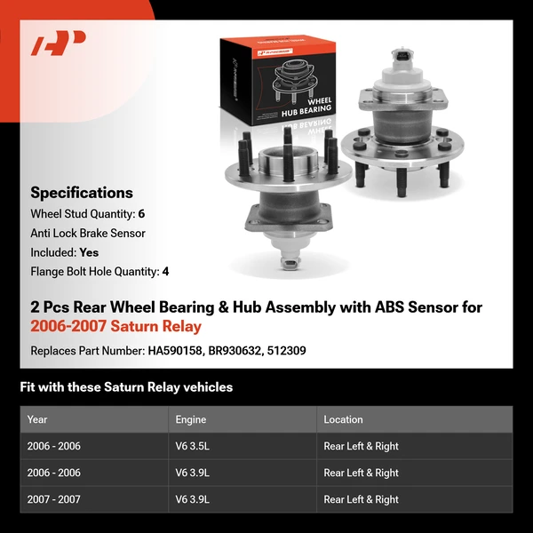 2 Pcs Rear Wheel Bearing & Hub Assembly with ABS Sensor for 2006-2007 Saturn Relay