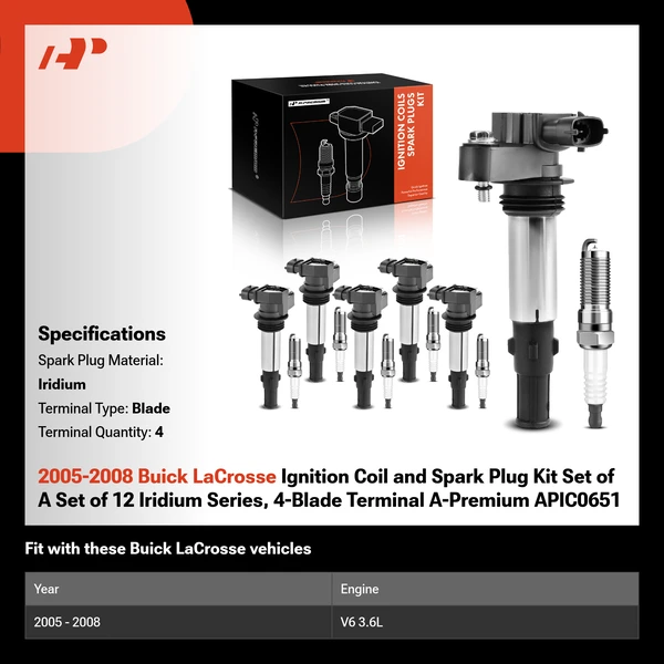2005-2008 Buick LaCrosse Ignition Coil and Spark Plug Kit Set of A Set of 12 Iridium Series, 4-Blade Terminal A-Premium APIC0651