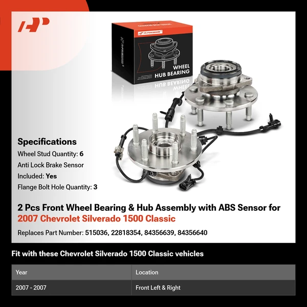 2 Pcs Front Wheel Bearing & Hub Assembly with ABS Sensor for 2007 Chevrolet Silverado 1500 Classic