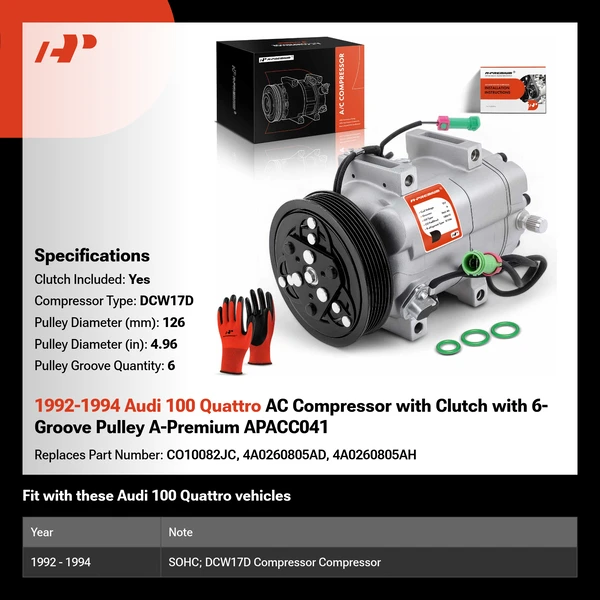 1992-1994 Audi 100 Quattro AC Compressor with Clutch with 6-Groove Pulley A-Premium APACC041