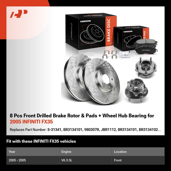 8 Pcs Front Drilled Brake Rotor & Pads + Wheel Hub Bearing for 2005 INFINITI FX35