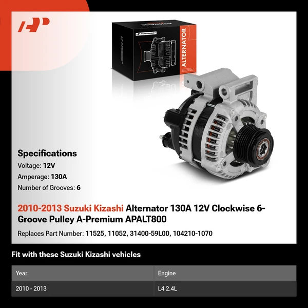 2010-2013 Suzuki Kizashi Alternator 130A 12V Clockwise 6-Groove Pulley A-Premium APALT800